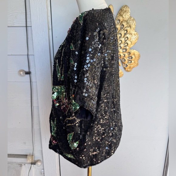 Vintage Black Sequin Silk Cardigan with Green Floral Sequin Accents - Picture 3 of 11